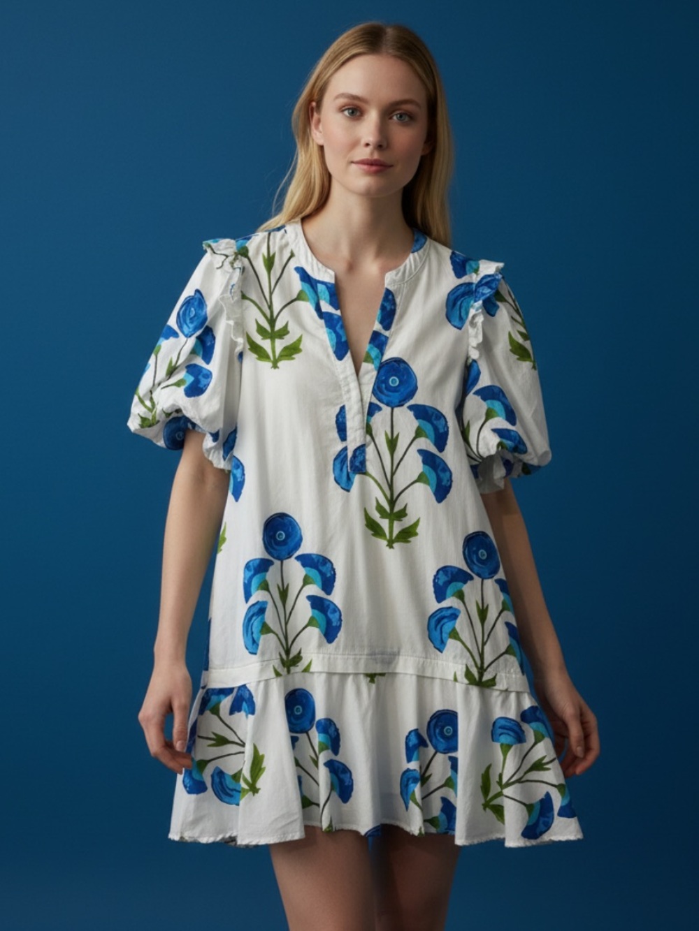entro Floral Bubble Sleeve Ruffle Mini Dress